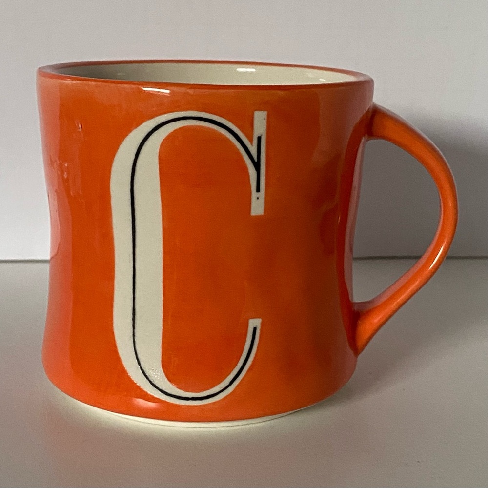 ANTHROPOLOGIE Mug Letter C Initial Monogram Orange Coffee Cup Ceramic Hand paint
